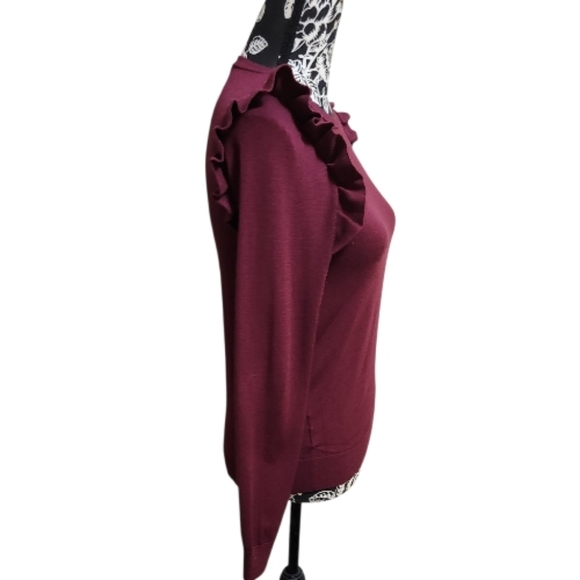 Ann Taylor Maroon Ruffle Shoulder Long Sleeve Top - Size Small Petite - Picture 3 of 7